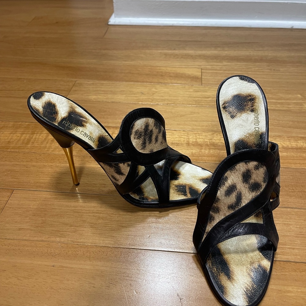 Size 38.5 ROBERTO CAVALLI Leopard And Black High Heel Mule Gold Stiletto Heel